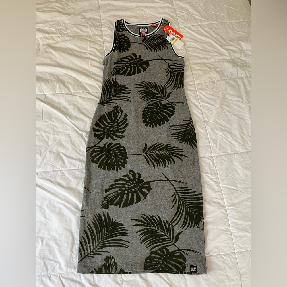 Superdry Bodycon Grey with Green Tropical Leaf Print, Size M